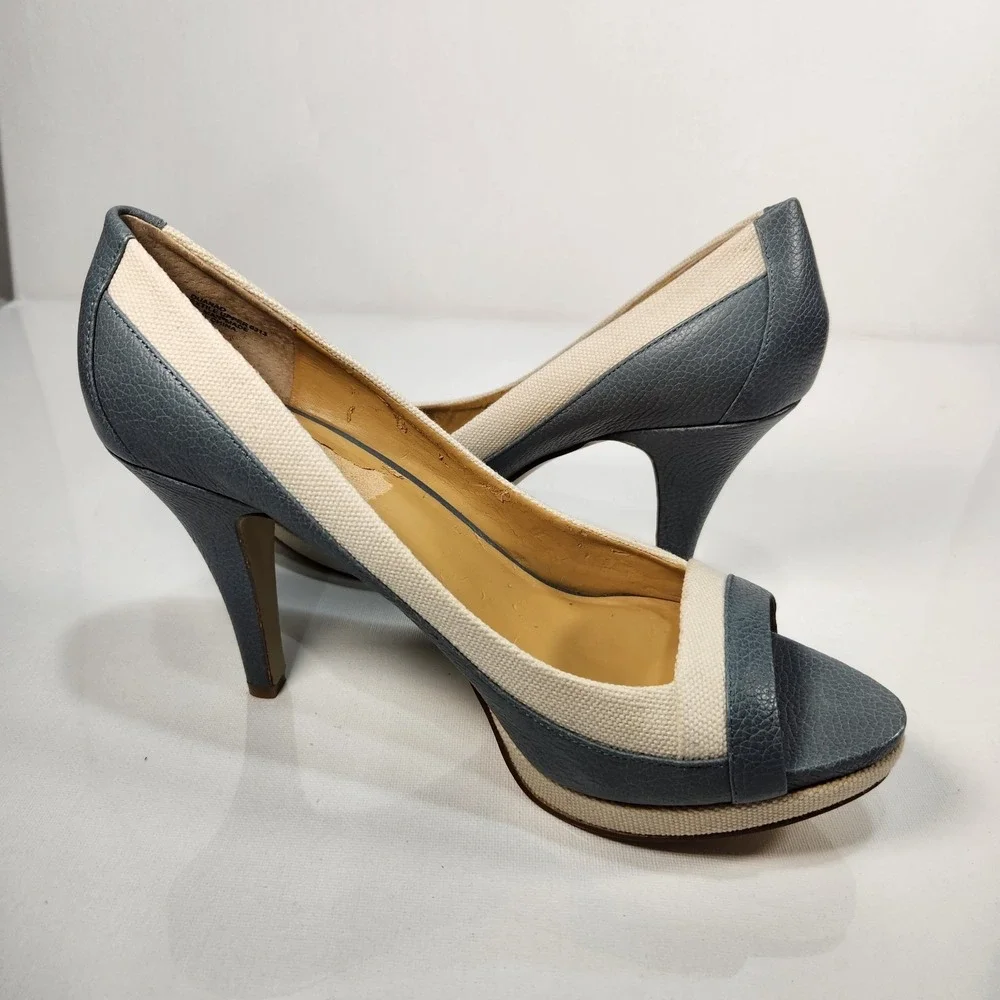 Nine West Duanao Womens Heels Blue / White Textile Leather Size US 9.5M‎
